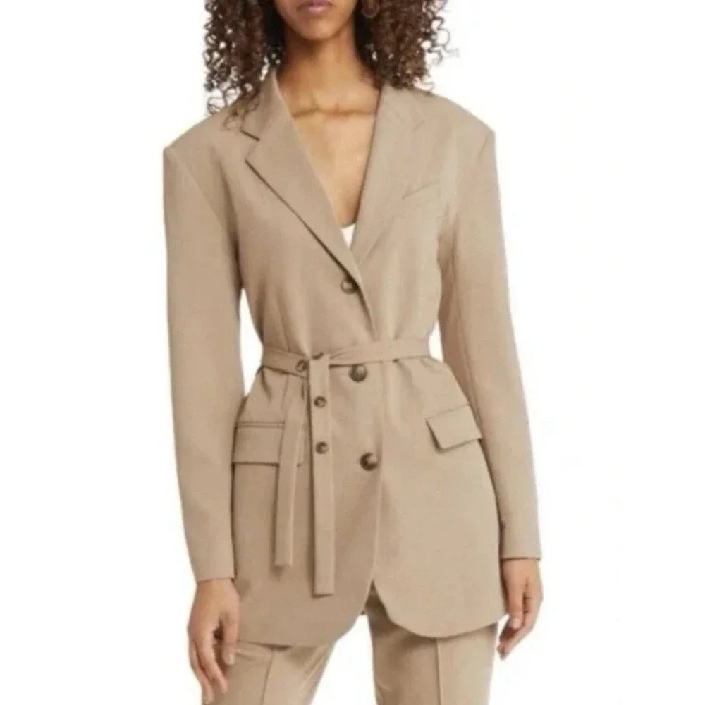 Topshop Belted Blazer Jacket Tan Beige Size 2‎ NWT Tailored Longline Modern Fit